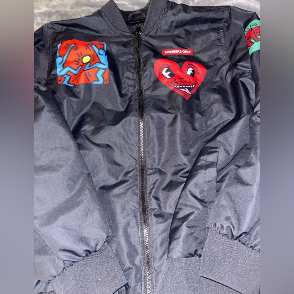 Members Only Mens  Black Jacket with Colorful Patches